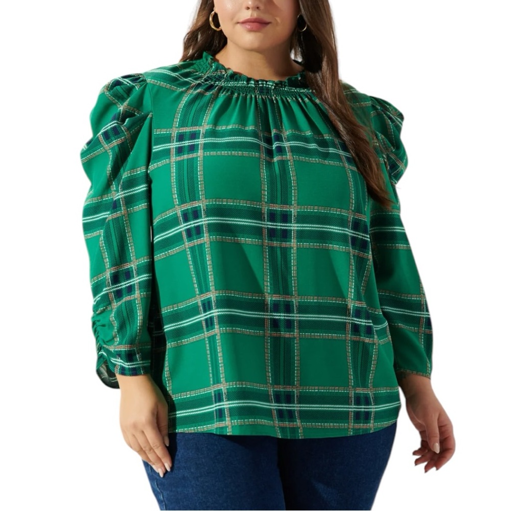 Sugarlips Woodland Jade Plaid Drape Sleeve Top size 1X Green NWT Holiday Festive